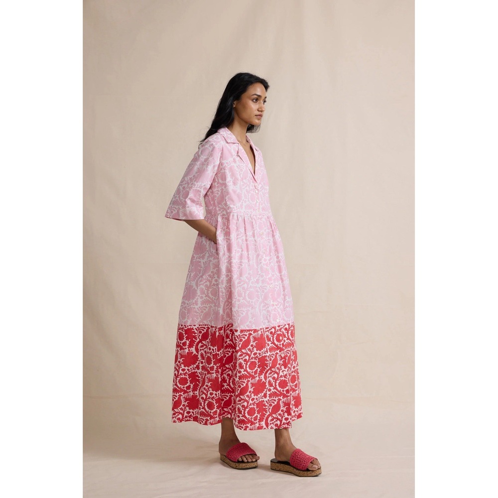 Pink and Red Printed Maxi Dress with Collar